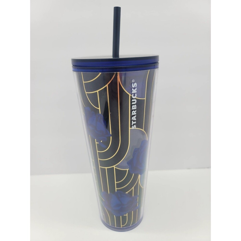 Starbucks Cobalt Blue Rose Acrylic Cold Cup 24 oz Venti Tumbler w/Straw